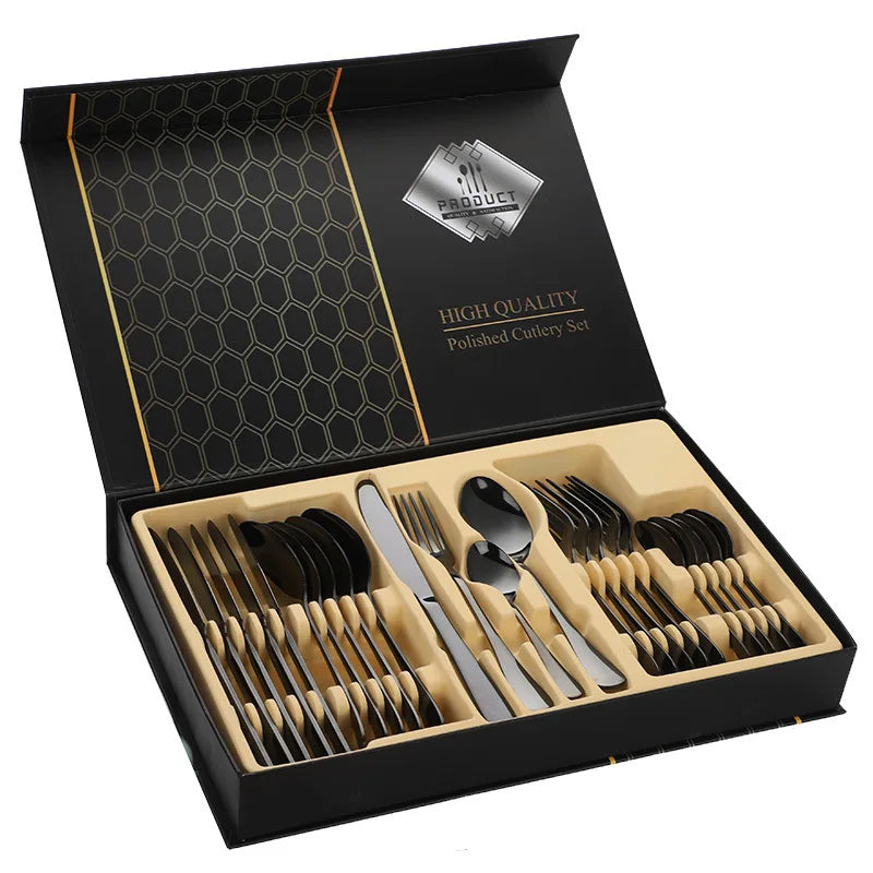 24pcs Golden Tableware Set Light Luxury Stainless Steel Cutlery Fork Knife Spoon Dinnerware Set Minimalist Decor with Gift Box.