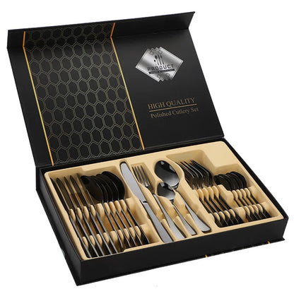 24pcs Golden Tableware Set Light Luxury Stainless Steel Cutlery Fork Knife Spoon Dinnerware Set Minimalist Decor with Gift Box.