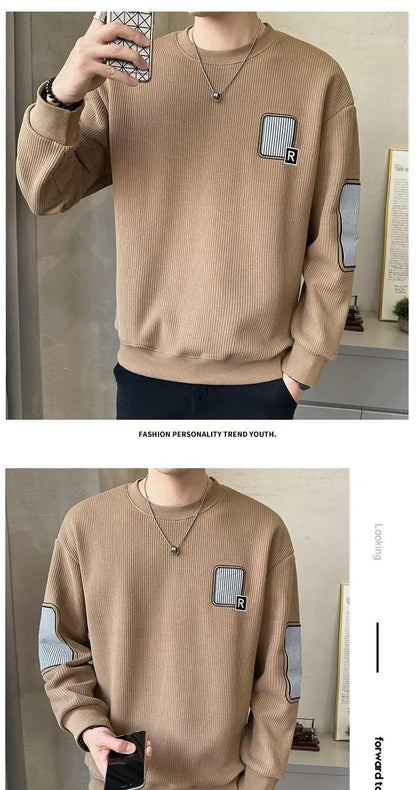 Trend Embroidery Street Casual Hoodies Sweatshirts Men's Long Sleeve Contrast Patchwork Fashion Tops Casual Vintage Men Clothing.