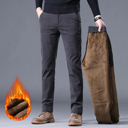 Khaki Black Gray Fleece Men's Corduroy Casual Pants Chenille Thick Stretch Business Trousers Mid-rise Brand Winter Thermal Pants.