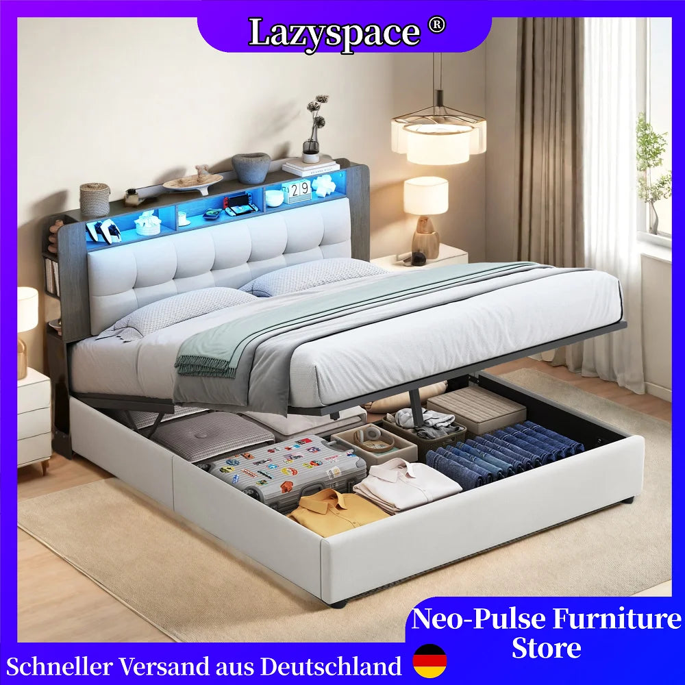 Lazyspace Samt-Rückenlehne, Holzlatten, hydraulisches Bett mit Bettkasten, Einzel- und Doppel-RGB-LED-Polsterbett, Bettrahmen