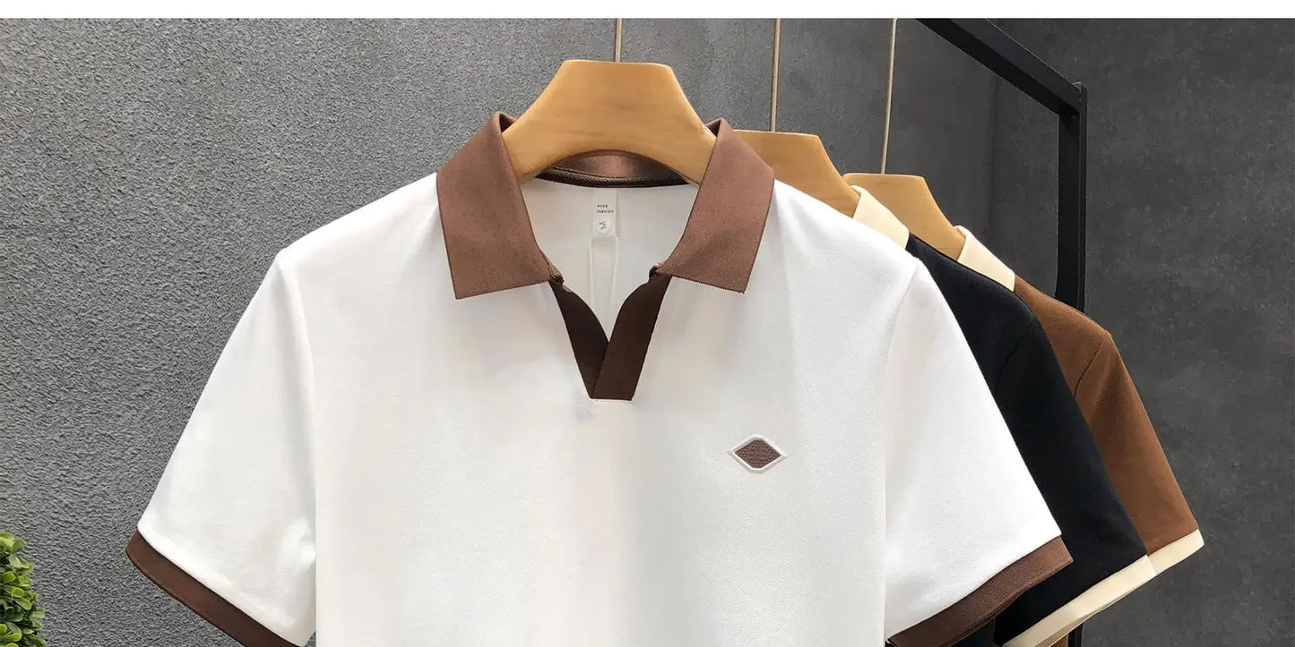 Men's Casual Polo Shirt Collared Short Sleeve Pique Cotton Breathable V-Neck Color Block Half Sleeve Summer Loose Top.