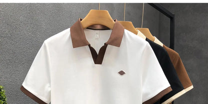 Men's Casual Polo Shirt Collared Short Sleeve Pique Cotton Breathable V-Neck Color Block Half Sleeve Summer Loose Top.