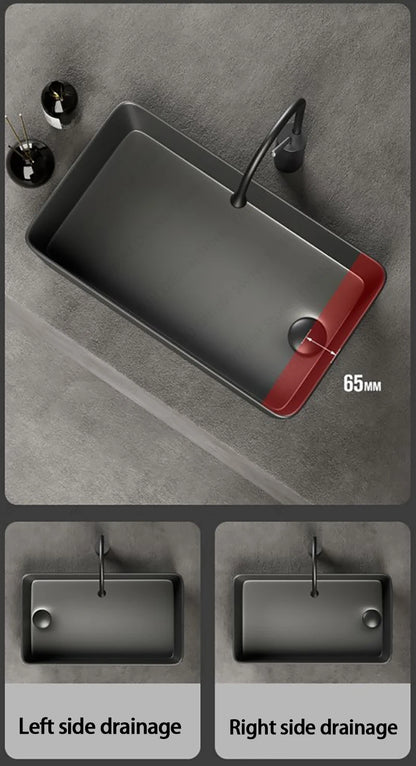 Rechteckiges silbergraues Porzellan-Keramikgefäßwaschbecken über der Theke, Toilette, Badezimmer-Schminktisch, Waschbecken, glasiertes weißes Waschbecken