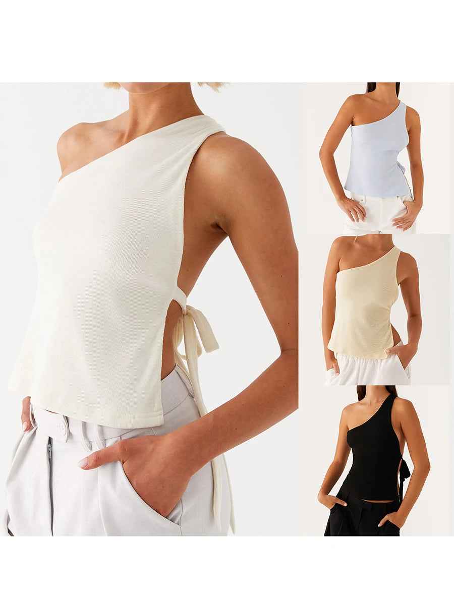 Off One Shoulder Tank Tops for Women Solid Stylish Side Tie Design Summer T-Shirt.
