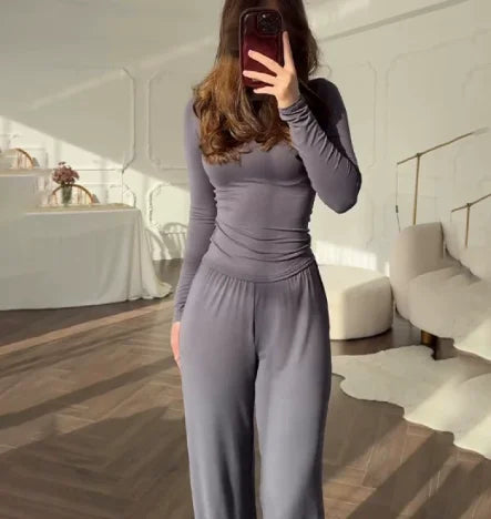 Solid Color Top Women Set Slim Fit Long Sleeved O-neck Top Pleated Straight Pocket Pants 2025 Spring/summer Vacation Women's Set.