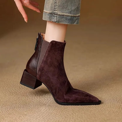 Autumn Winter Women Thick Heel Ankle Boots Elegant Back Zippers Shoes Modern Leather Suede Splicing Short Botas Para Mujer.