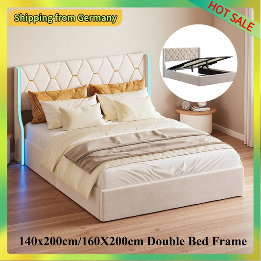 Comanlai 140 x 200 cm/160 x 200 cm hydraulisches Bett mit Stauraum, gepolstertes Bett mit Kopfteil, Kopfteil mit LED-Leuchten, Doppelbett, Flanell