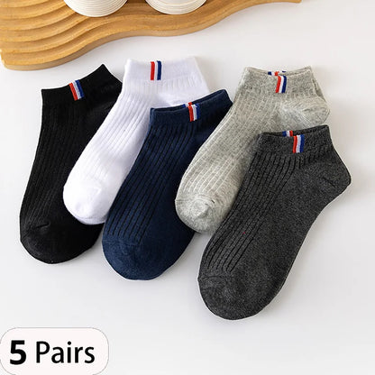 5 Pairs Of Thin Summer Blending Boat Socks Plain Color Mens Casual Socks Breathable Sweat Absorbing Calibration Socks.