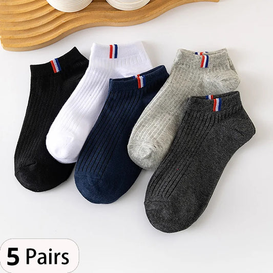 5 Pairs Of Thin Summer Blending Boat Socks Plain Color Mens Casual Socks Breathable Sweat Absorbing Calibration Socks.