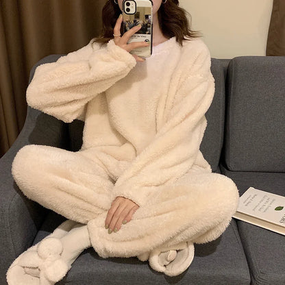 Winter Fleece Women Pajamas Set  Sleepwear Solid Velvet 2 Piece Pant Home Suit Fluffy Casual Warm Flannel Night Wear.