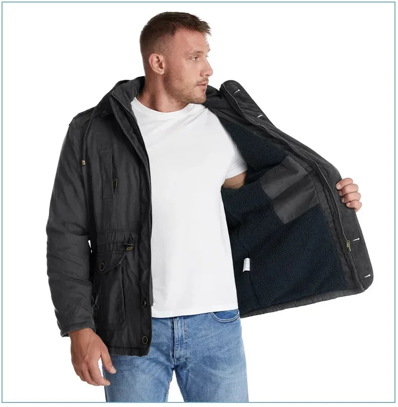 Men's Jacket WINTER USA SIZE Large SIZE Lamb Fleece JACKETS Hooded Cotton Thickened Multi Pocket Casual Mid length Coat