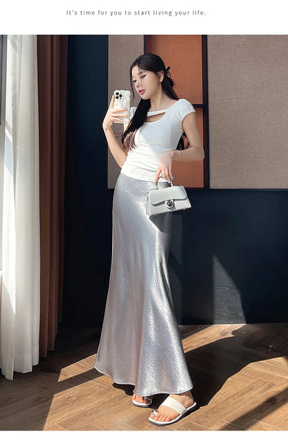 Zoki Chic Satin Elegant Long Skirt Women Casual Fashion High Waist Sweet Trumpet Skirts Slim Summer Female Korean Long Skirts.