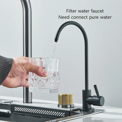 Wasserfall-Küchenspüle aus Edelstahl 304, groß, Einzelschlitz, integriert, 60 x 45 cm, Wasserhahn-Set, Tassenwascher, 3-Wege-ausziehbarer Sprühkopf