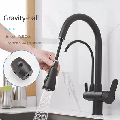 Matte Black Pure Water Filter Kitchen Faucet Dual Handle Hot and Cold Drinking Water Pull Out  Kitchen Mixer Taps