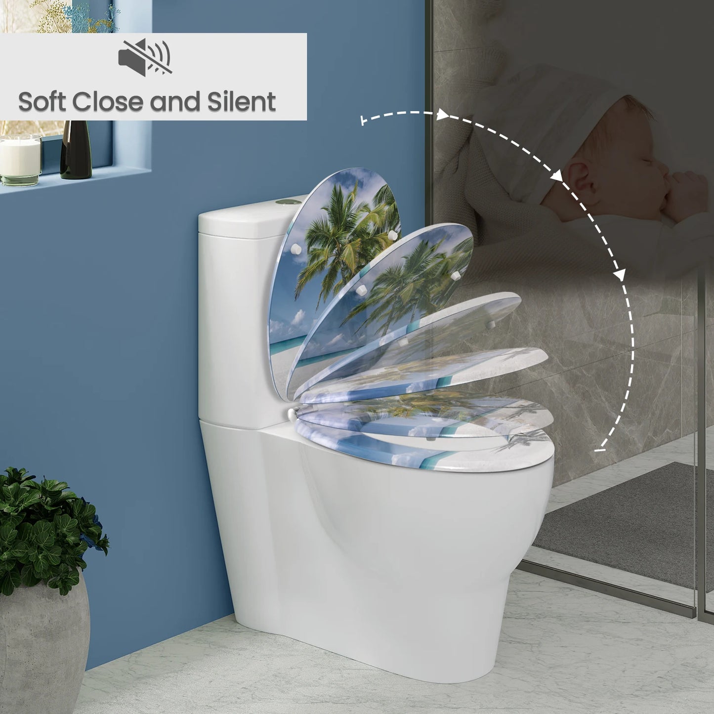 O-förmiger Toilettensitz, verstellbare Scharniere, Toilettendeckel mit Motiv, Soft-Close-Mechanismus für Badezimmer
