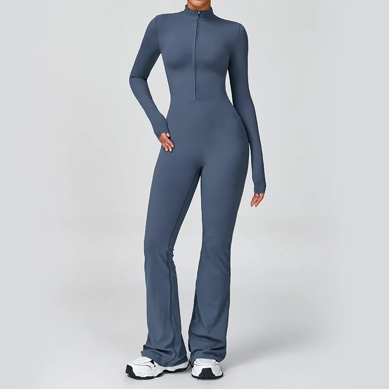 Women's One-piece Yoga Jumpsuit Long Sleeve Zipper Slim Fit Sports Outfit Flare Tights Quick-drying Hip Lift Gym Fitness Clothes