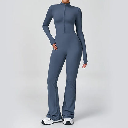 Women's One-piece Yoga Jumpsuit Long Sleeve Zipper Slim Fit Sports Outfit Flare Tights Quick-drying Hip Lift Gym Fitness Clothes