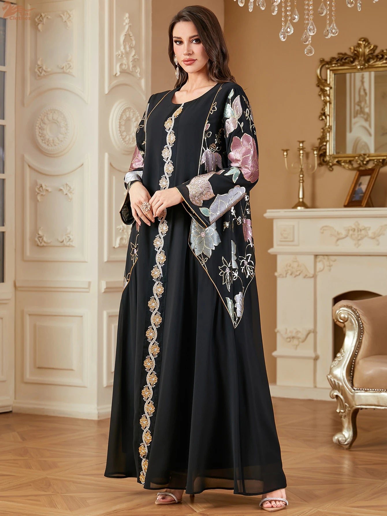 Uni Muslim Embroidery Petal Sleeve Dresses Women's Jalabiya Ramadan Moroccan Dubai Fashion Kebaya Casual Loose Abayas 2025.