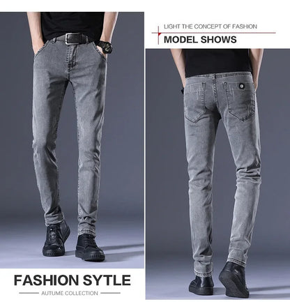 Slim Fit Men's Jeans Casual Elastic Korean Style Autumn Grey Trendy Long Pants Versatile Slim Legged Casual Trousers.