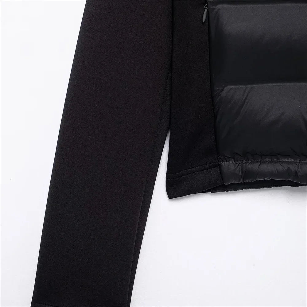 ZBZA Damenmode mit Kapuze, Neopren-Effekt, gespleißter, wattierter Jacke, hoher Kragen, lange Ärmel, verstellbare Kapuze, lässig, schmale Passform, warmer Mantel, Herbst/Winter, neue schicke Damen-Oberbekleidung