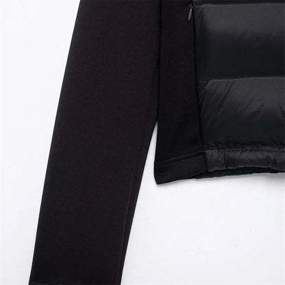ZBZA Damenmode mit Kapuze, Neopren-Effekt, gespleißter, wattierter Jacke, hoher Kragen, lange Ärmel, verstellbare Kapuze, lässig, schmale Passform, warmer Mantel, Herbst/Winter, neue schicke Damen-Oberbekleidung