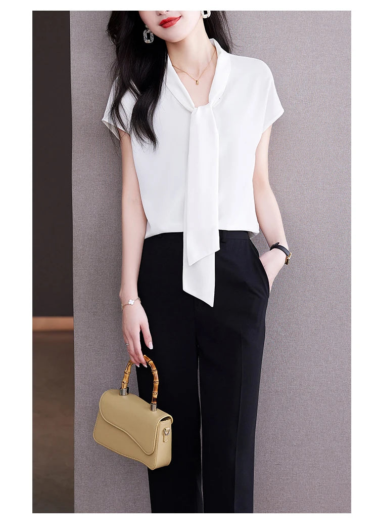 Bow Tie Blouse Shirt for Women OL Elegant Blouses Satin Womens Tops Silk Female Clothing 2023 Korean Fashion Short Sleeve Blouse.