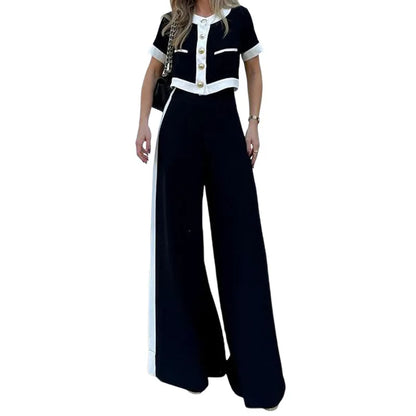 Fashion New Two Piece Set Women's Round Neck Short Sleeve Patchwork Singe Breasted Button Top Loose Wide Legs Pants Sets Women.