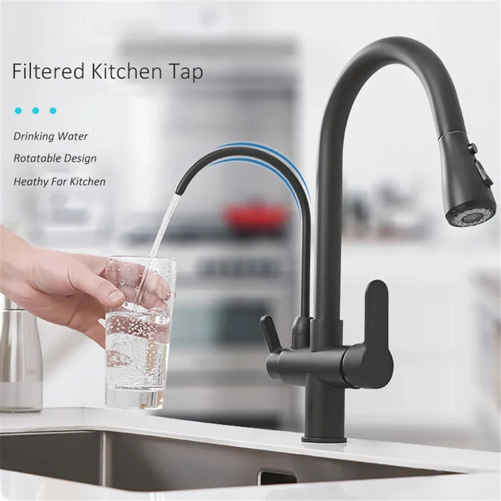 Matte Black Pure Water Filter Kitchen Faucet Dual Handle Hot and Cold Drinking Water Pull Out  Kitchen Mixer Taps