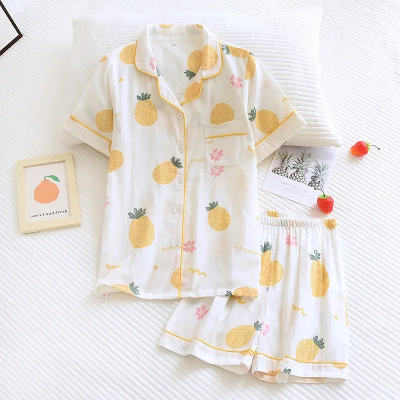 Japanische einfache kurze Pyjamas Frauen 100 % Baumwolle kurze Ärmel Damen Pyjama Sets Shorts süße Cartoon Nachtwäsche Frauen Homewear