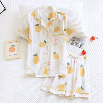 Japanische einfache kurze Pyjamas Frauen 100 % Baumwolle kurze Ärmel Damen Pyjama Sets Shorts süße Cartoon Nachtwäsche Frauen Homewear