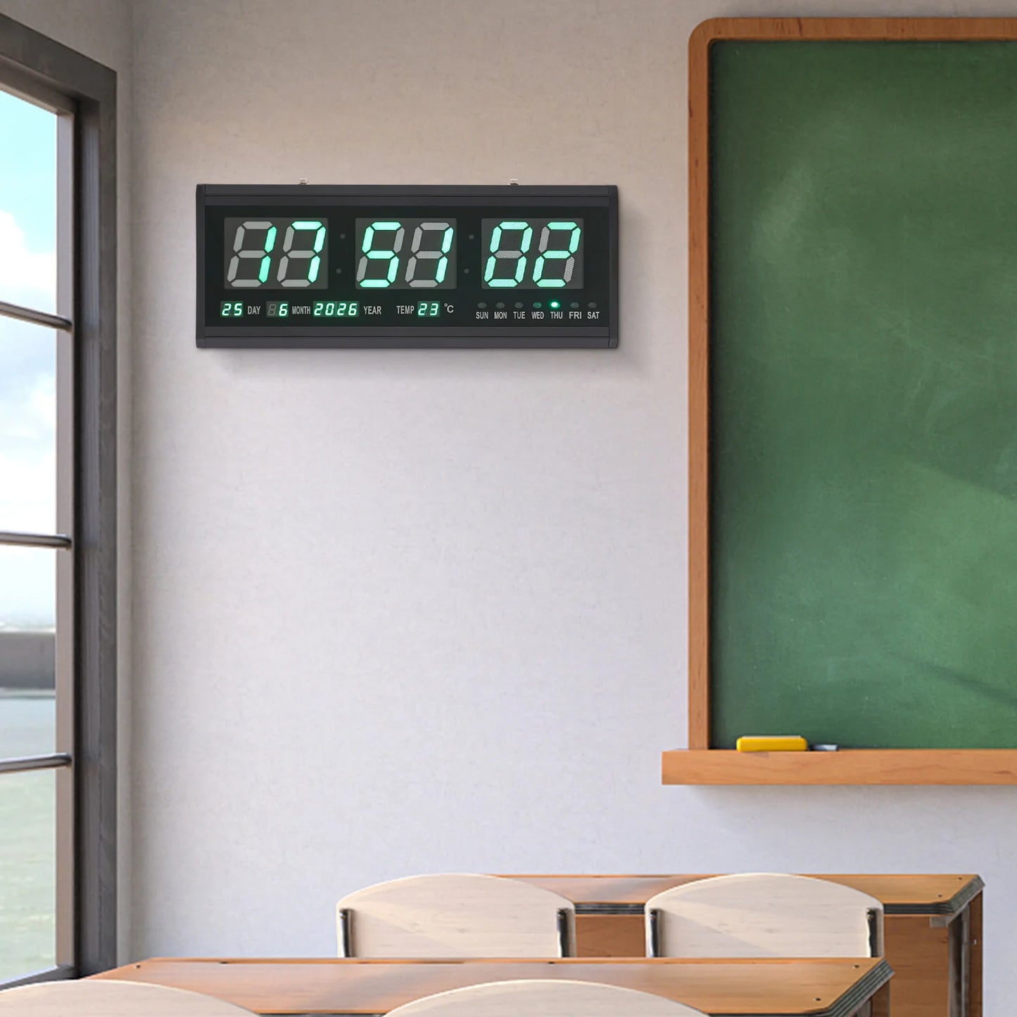 220 V große LED-Digital-Wanduhr, Zeit, Temperatur, Datum, Woche, Anzeige, automatischer Dimmer, leuchtende, leise Tischuhr, Wanduhr, 48 x 19 cm