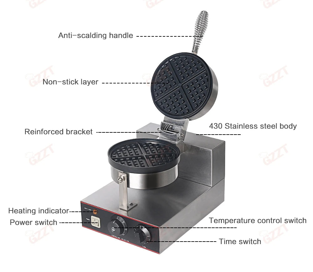 GZZT Commercial Double Head Waffle Maker 4-Piece Non-stick 2000W Adjustable Temperature 50-300℃ High-Efficiency Snack Machine.