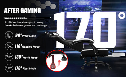 Daccormax Ergonomischer Gaming-Stuhl mit verstellbarer Lordosenstütze und Kopfstütze, Design mit hoher Rückenlehne + faltbarer Fußstütze für PC-Gamer