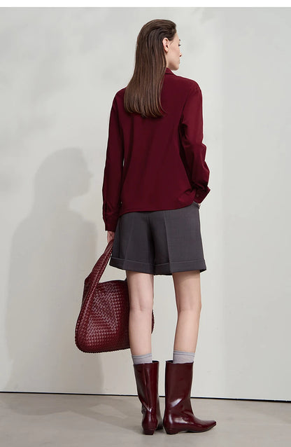 AMII Office Lady Shirt 2025 Autumn New Minimalism thick Long Sleeves Blouse Elastic Cotton Lapel Women's Clothing 12553079