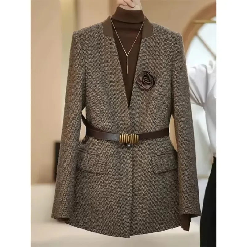 Mode Kaffee Woolen Anzug Jacke 2025, Herbst Winter Neue Damen Temperament V-ausschnitt Langarm Blazer Weibliche
