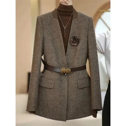 Mode Kaffee Woolen Anzug Jacke 2025, Herbst Winter Neue Damen Temperament V-ausschnitt Langarm Blazer Weibliche