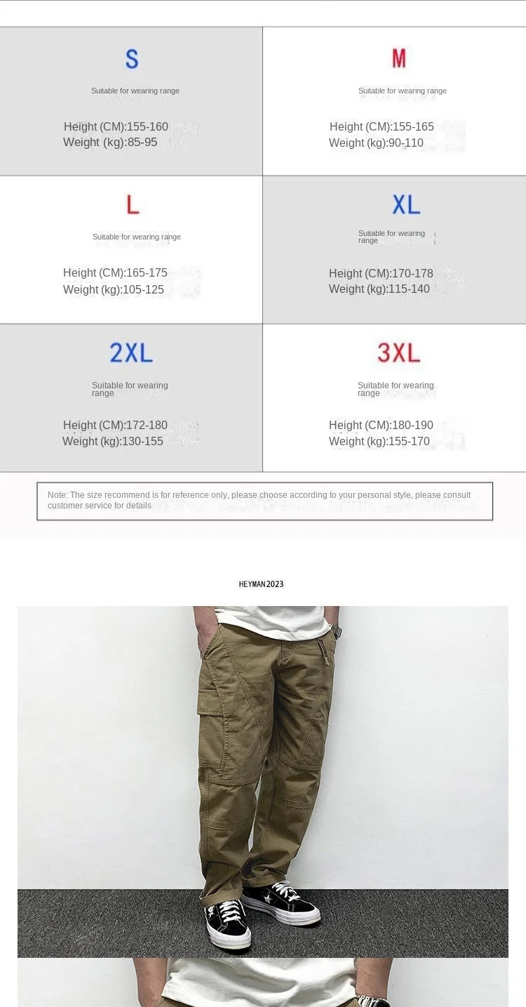 Autumn Men's Pants Multi-Pocket Cargo Pants Retro Solid Color Simple Loose Button Elastic Strap Casual Pants.