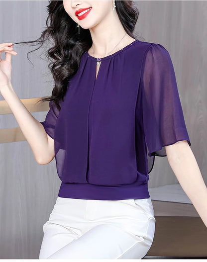 Summer Clothing Half Sleeve Chiffon Blouse 2025 New Fashion Loose Women Tops Solid Color Casual Pullovers Shirt.