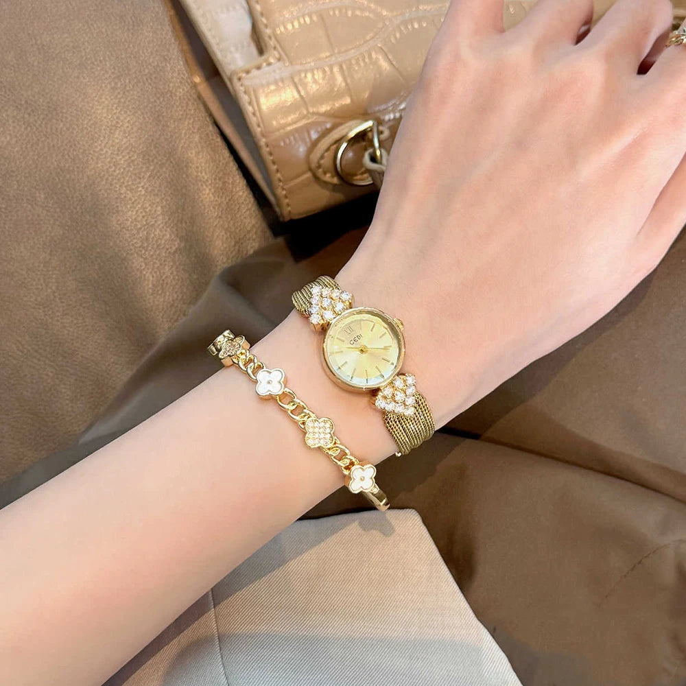 GEDI Watch Gold Silver Diamond Inlaid Steel Strip Women's Wristwatch Vintage Niche Light Luxury Temperament Quartz Watch Woman.