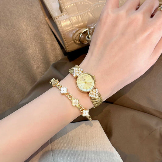 GEDI Watch Gold Silver Diamond Inlaid Steel Strip Women's Wristwatch Vintage Niche Light Luxury Temperament Quartz Watch Woman.