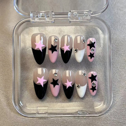 10pcs Handmade Press On Nails Black White Pink French Style False Nails Paches Star Designs Wearable Almond Fake Nail For Women.