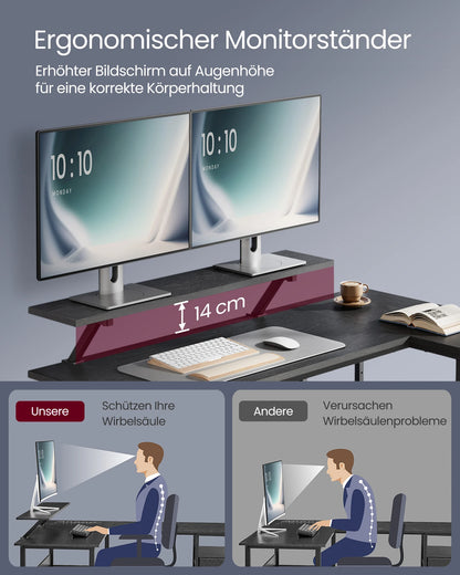 VASAGLE L-förmiger Schreibtisch, 2 geräumige Schubladen, Computertisch mit Monitorständer, Eckschreibtisch