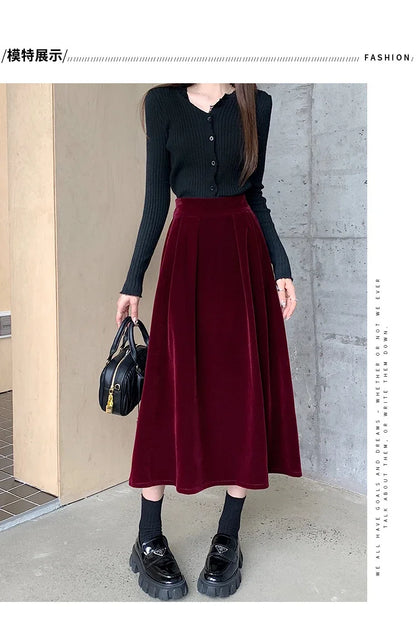 Autumn Winter Warm Vintage Red Elegant Velvet A-line Skirt For Women 2024 High Waist Casual Black Party Pleated Big Swing Skirts.