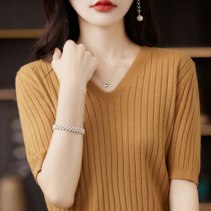 Frauen Pullover Frühling Sommer Kurzarm V-ausschnitt Strick Hemd Casual Koreanische Pullover Streifen Bodenbildung Shirt Slim Fit Jumper