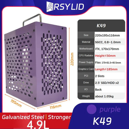 ARSYLID K49 ITX A4 Computer Case 4.9L 185mm Graphics Card Flex PSU 50mm Radiator Mini PC Chassis.