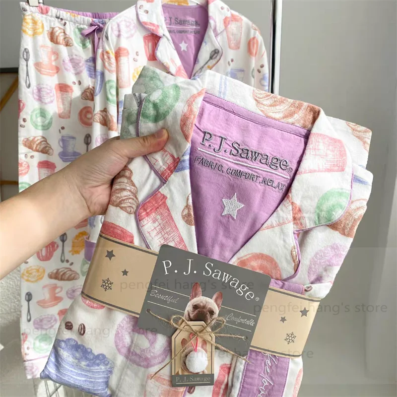 2025 Autumn New Home Clothes Lady Cotton Pajamas Suit Cute Cartoon Print Nightwear Luxury Shirt Pants Girlfriend Gift Loungewear.