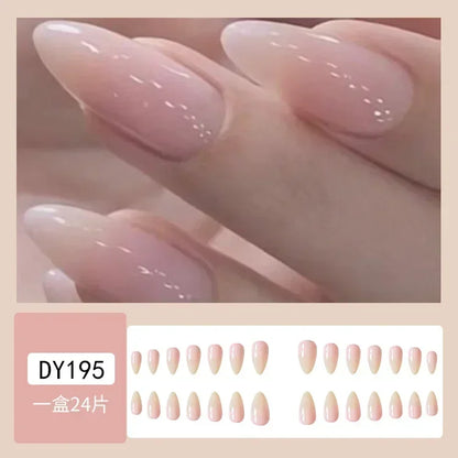 24Pcs White Almond False Nails Ballet with French Design Wearable Fake Nails Gradient Simple Full Cover Press on Nail Tips Art