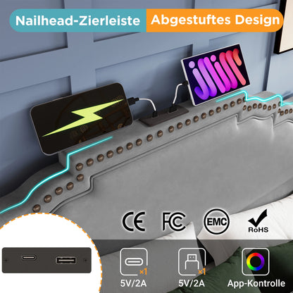 KOMHTOM Doppelbett Samt, Hydraulischer Stauraum, LED-Beleuchtung, USB-C-Ladeanschluss, ohne Matratze
