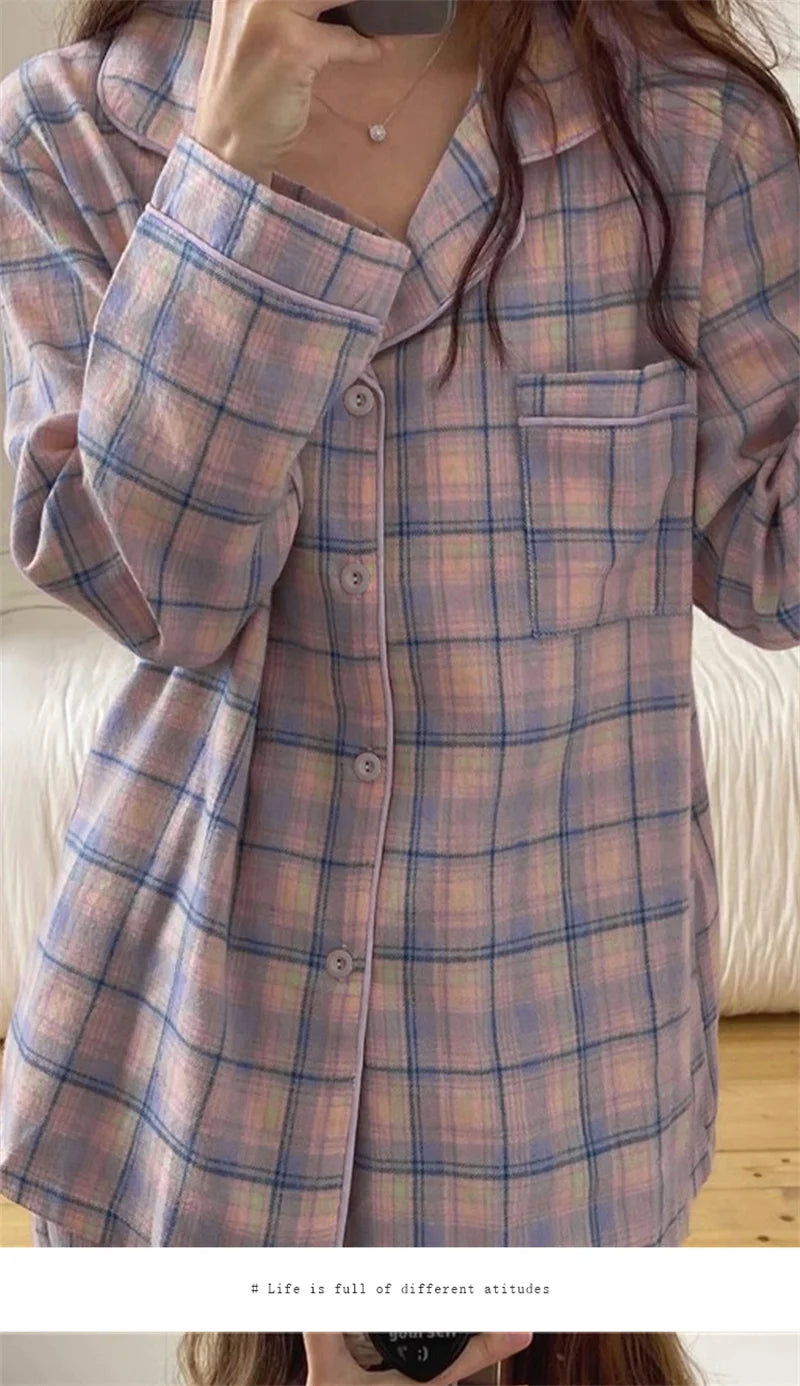 Pajamas Female Autumn and Winter Long-Sleeved Sweet Homewear Two-Piece Tide Cardigan Lapel Plaid Homewear 1.